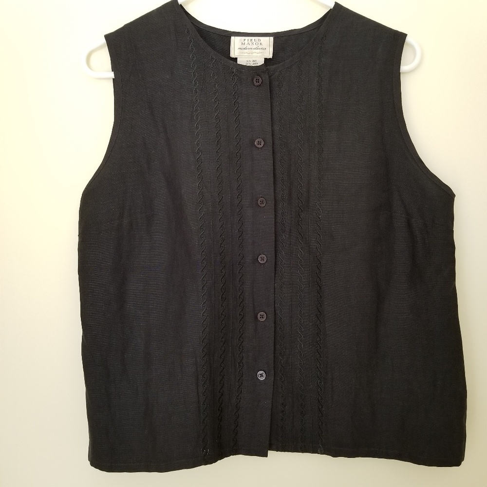 Field Manor Black Silk Linen Sleeveless Blouse- 10